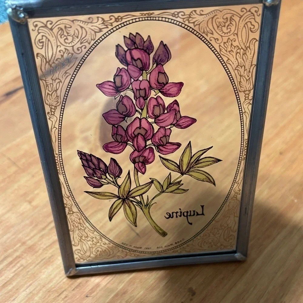 Vintage Lupine Floral Art Painted‎ Glass Sun Catcher w/ Metal Border 5.25